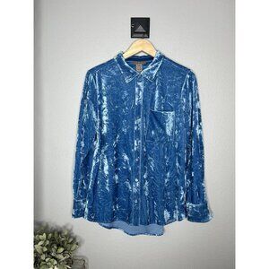 Sharon Young Top Women’s LARGE TURQUOISE CRINKLE Velvet BLOUSE TOP SHIRT